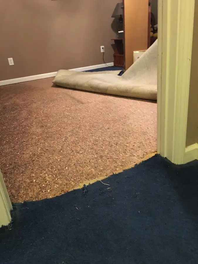 Carpet pad removal revealing water damage during Water Mitigation Services in Clarkdale